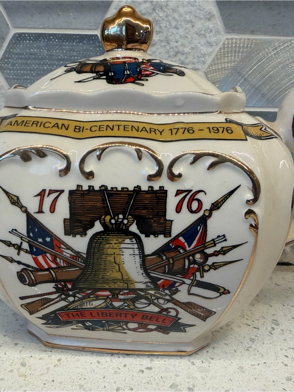 1976 Liberty Bell American Bi-Centenary Decorative Ceramic Teapot - White & Gold